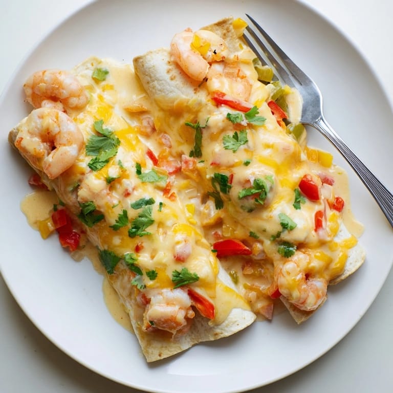 Cheesy Garlic Shrimp Enchiladas: Creamy, cheesy, savory filling in soft tortillas, ready to serve.