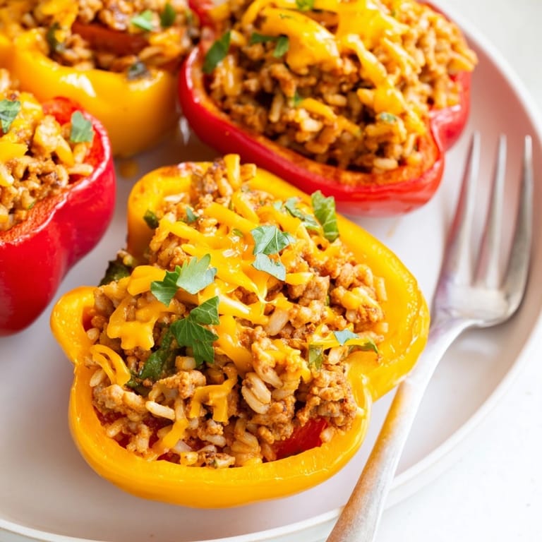 Close-up of juicy Cajun Turkey Stuffed Sweet Peppers glistening, perfect for a comforting supper.