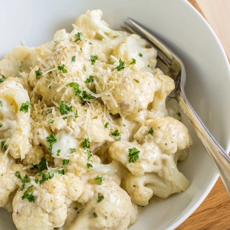 Golden-brown cauliflower florets coated in rich, homemade Alfredo sauce—Alfredo Cauliflower Garlic Skillet.
