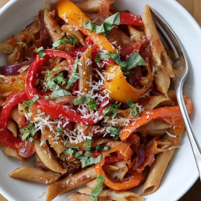 Enjoy a comforting bowl of spicy fall pasta topped with fresh basil and cheese.