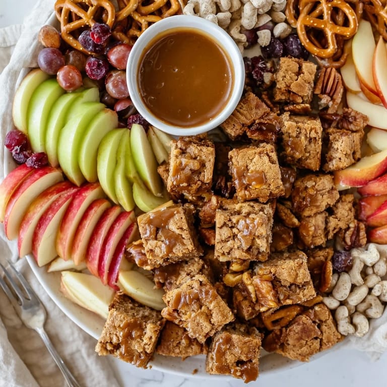 Deliciously arranged Caramel Apple Blondie Charcuterie Board bursting with autumn flavors.  