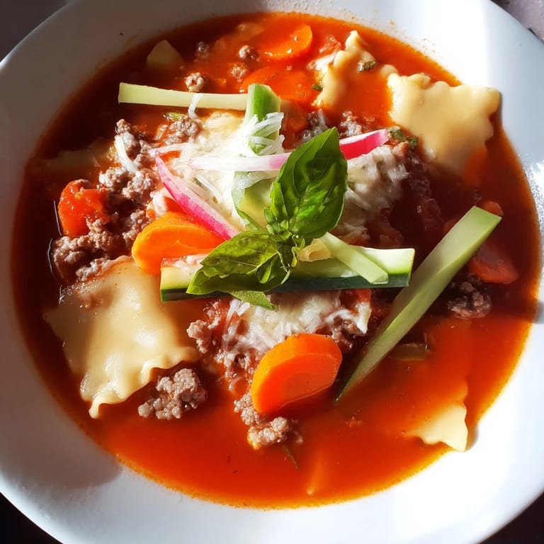 Warm and comforting Lasagne Soup, garnished with tangy pickled vegetables for freshness.  