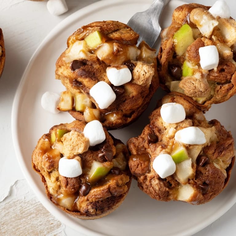 Warm Smores Caramel Apple Cinnamon Pancake Muffin Balls topped with mini marshmallows and chocolate.