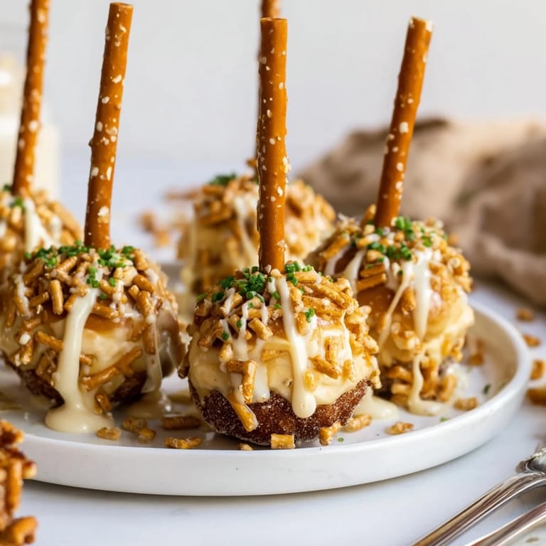 Savory-sweet Cheesy Pretzel Buffalo Ranch Churro Cake Pancake Pops garnished with fresh chives.