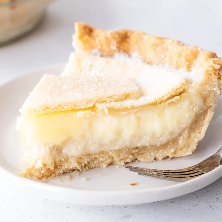 Slice of water pie with a delicate custard filling, ideal served warm with berries.