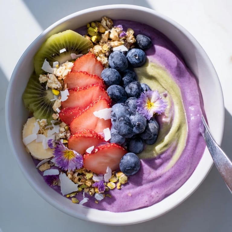 Colorful smoothie bowl featuring purple yam, pistachios, and juicy berries for breakfast.  