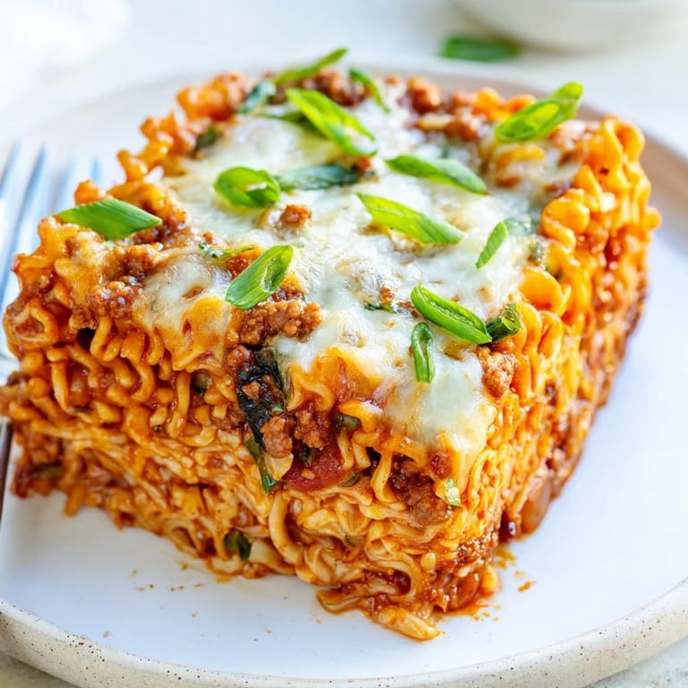 Comforting Spicy Ramen Lasagna garnished with green onions, bursting with rich flavor.  