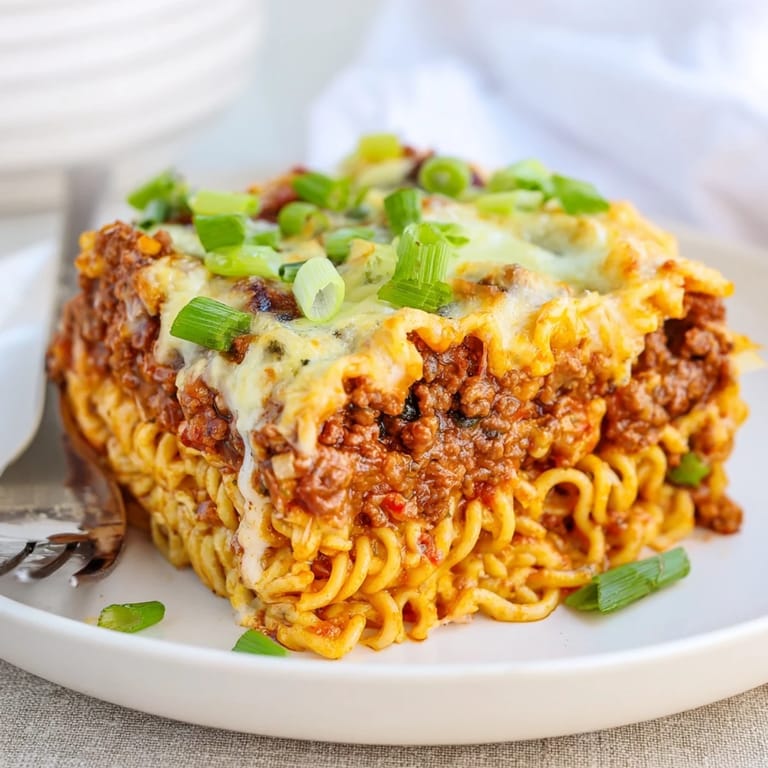 Vibrant Spicy Ramen Lasagna showcases bold spices and melty cheese in every savory bite.