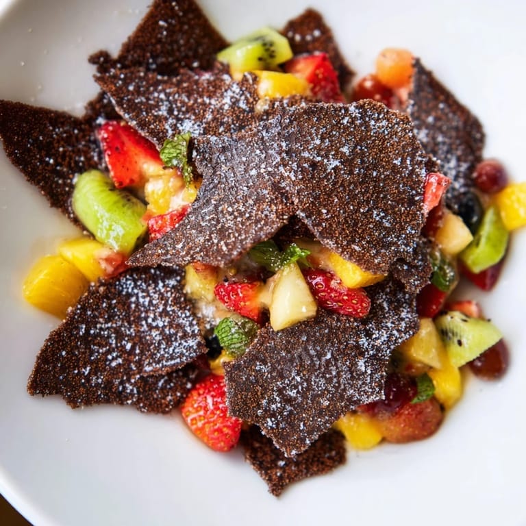 Enjoy Dessert Chips & Salsa, featuring crunchy chocolate tortilla chips alongside colorful fruit salsa.  