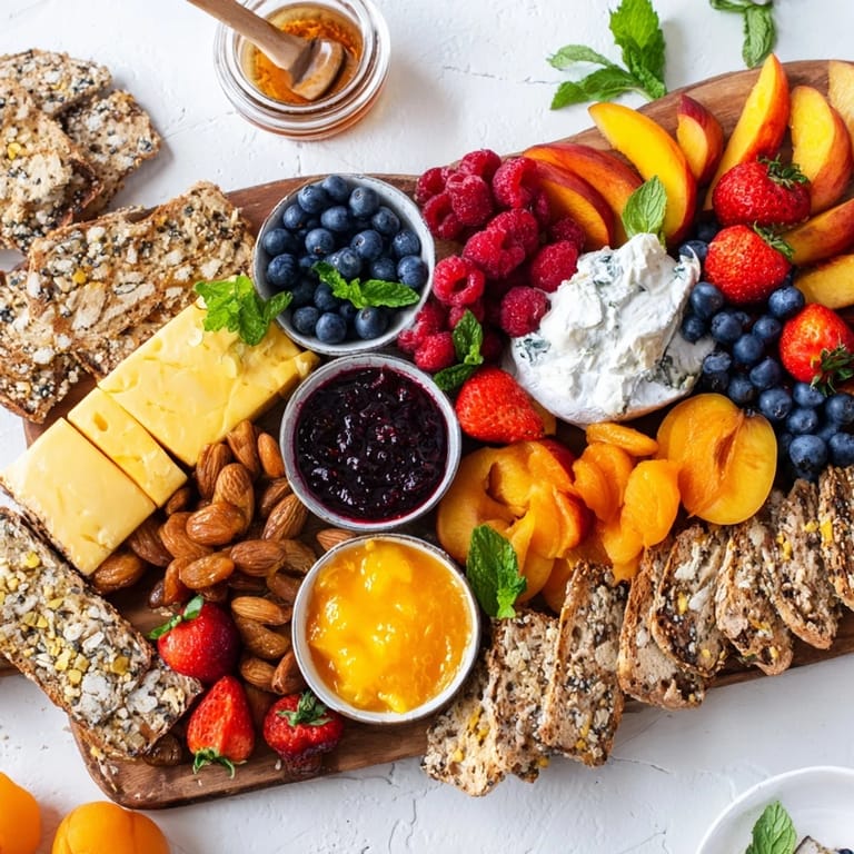 Vibrant jam-infused brunch board with artisan breads, cheeses, and seasonal fruits displayed beautifully.  