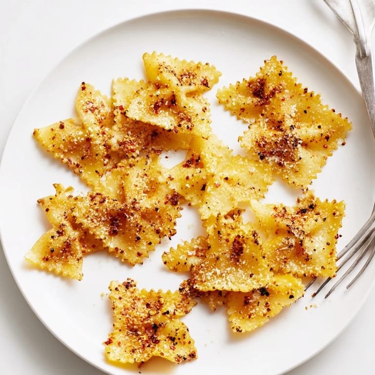 Baked pasta chips served warm, garnished with Parmesan, ideal for game day snacks.  
