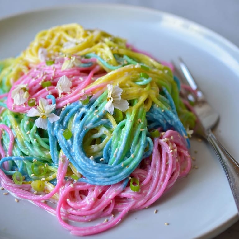 Delicious Neon Noodle Cloud, showcasing colorful noodles swirled in a dreamy, rich sauce.