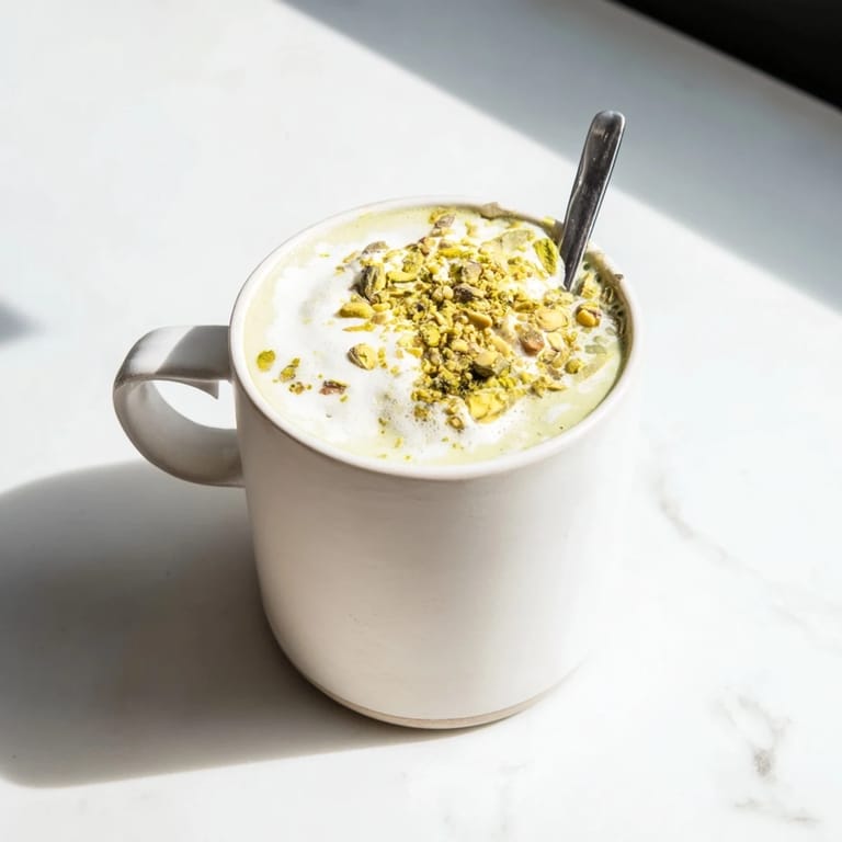 Delicious homemade pistachio milk latte, a nutty coffeehouse favorite, garnished beautifully.  