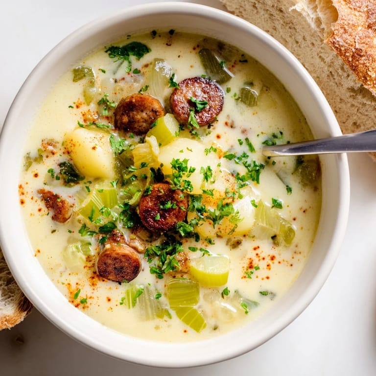Hearty Potato, Leek & Chorizo Soup Bowl filled with rich flavors and textures.  