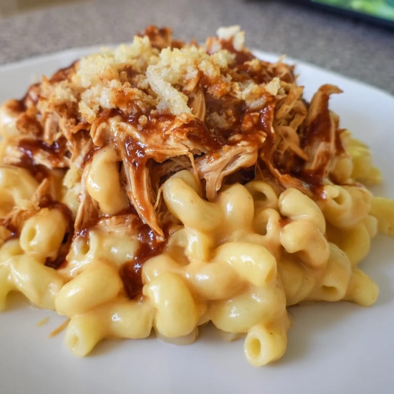 Smoky barbecue chicken atop rich mac & cheese, a delightful comfort food dish.  