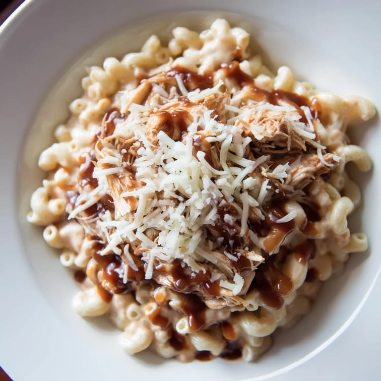 Warm and cheesy classic mac & cheese, garnished with savory BBQ chicken pieces.