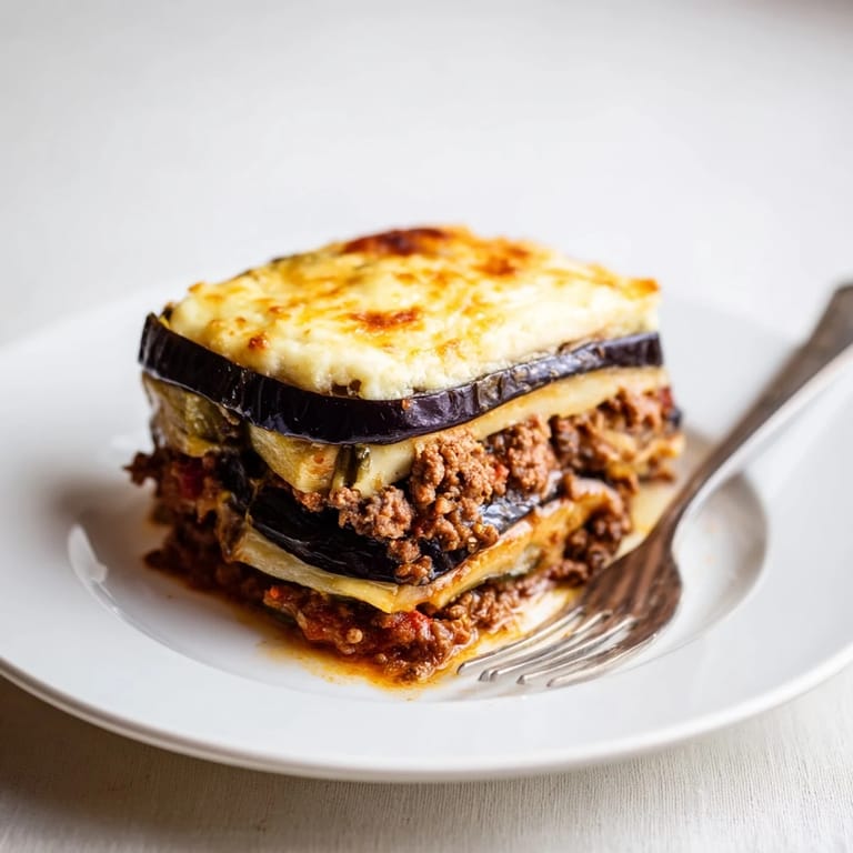 Savory Moussaka with Beef & Eggplant, served warm and bubbling from the oven.  