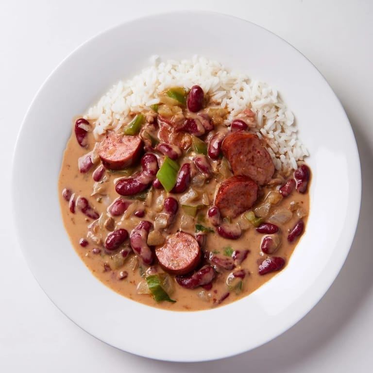 Hearty Red Beans & Rice, served atop fluffy white rice, ready for a comforting, flavorful dinner.