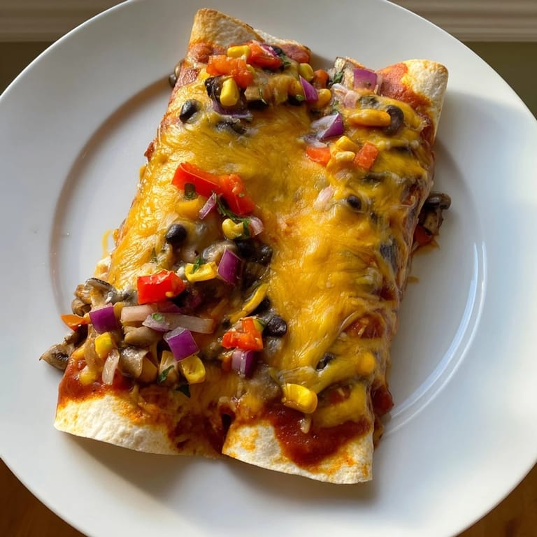 Close-up of freshly baked Farmers Market Vegetarian Enchiladas, filled with colorful vegetables and black beans, appetizing!