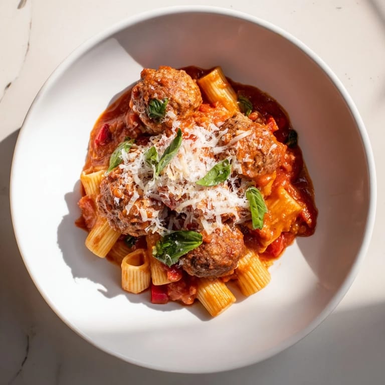 Cheesy, saucy Italian Meatball Pasta with perfectly cooked pasta and savory meatballs, ready to serve.