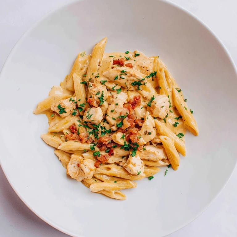 This photo shows a delicious serving of Ranch Chicken & Bacon Penne, perfectly plated and flavorful.