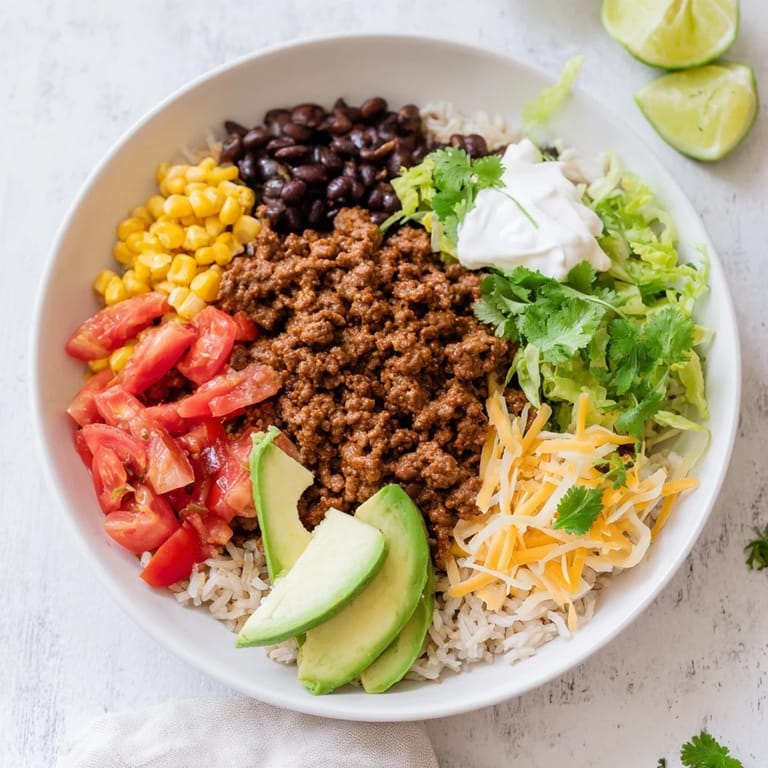 Close-up of a hearty Loaded Beef Burrito Bowl, showcasing tender beef and creamy toppings for serving.
