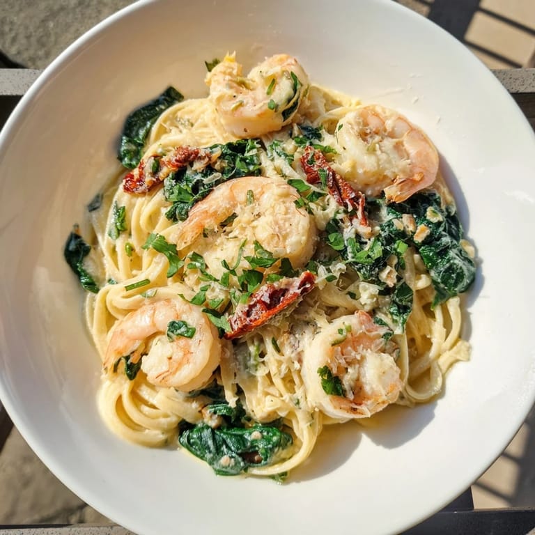Vibrant Tuscan Garlic Shrimp Pasta: succulent shrimp mingling with spinach in a rich, creamy sauce.