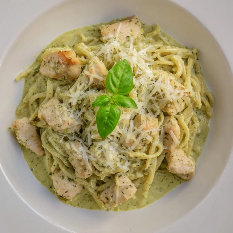 This photo shows a comforting bowl of creamy pesto penne & chicken, ready to be enjoyed.