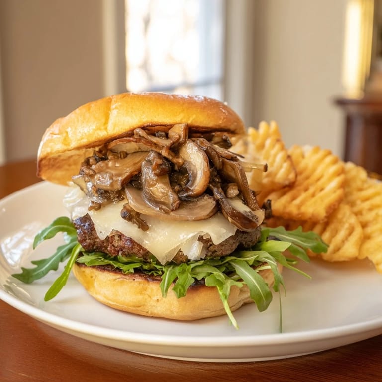Pile of golden waffle fries and a hearty Mushroom Swiss Burger, ready to be devoured, perfect for dinner.