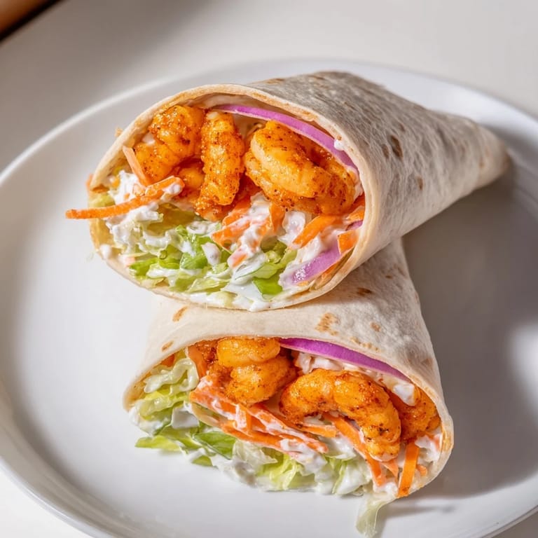 Golden-brown Buffalo Shrimp Wraps provide a flavorful and satisfying pescatarian appetizer or dinner.