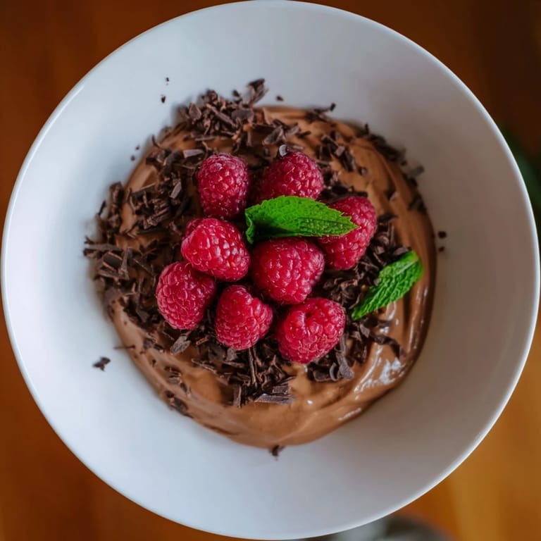 Fresh raspberries crown this decadent avocado chocolate mousse, a healthy and delightful treat.