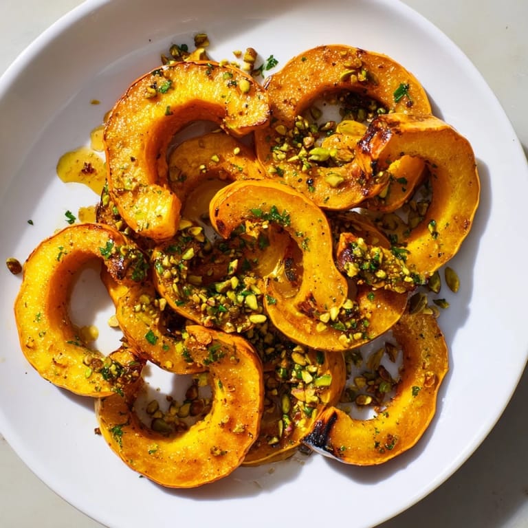 Warm Baked Delicata Squash Rings, sprinkled with crunchy pistachios—a colorful autumn side dish for your table.