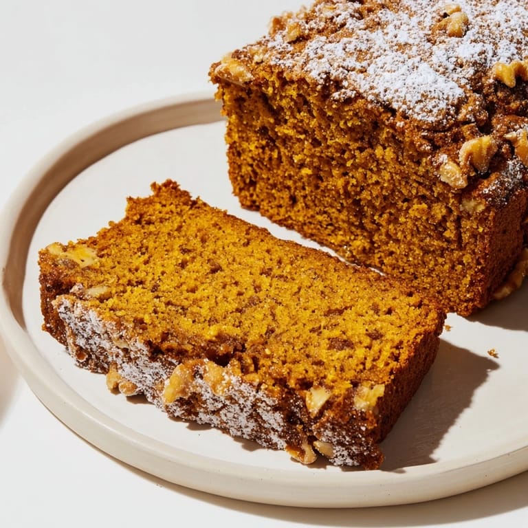 Close-up of a warm, spiced pumpkin bread mug cake next to a cup of coffee.