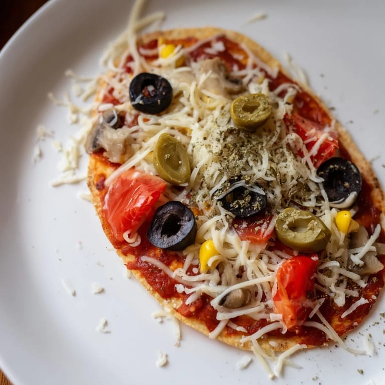 Freshly baked, flavorful tortilla pizza glistening from the oven, ideal for a fast and easy meal.