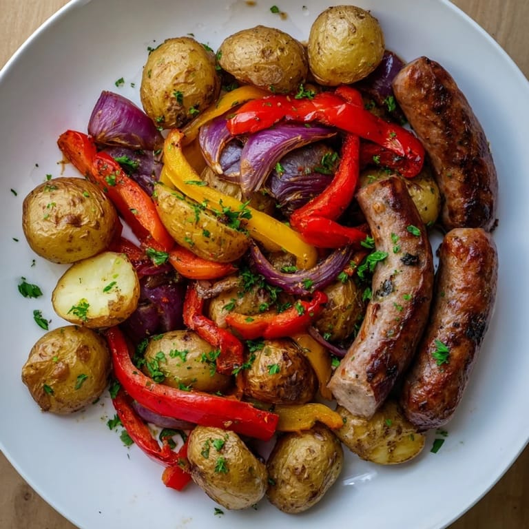 Vibrant image of Sheet-Pan Sausage with Peppers, onions, and potatoes, a one-pan American classic.