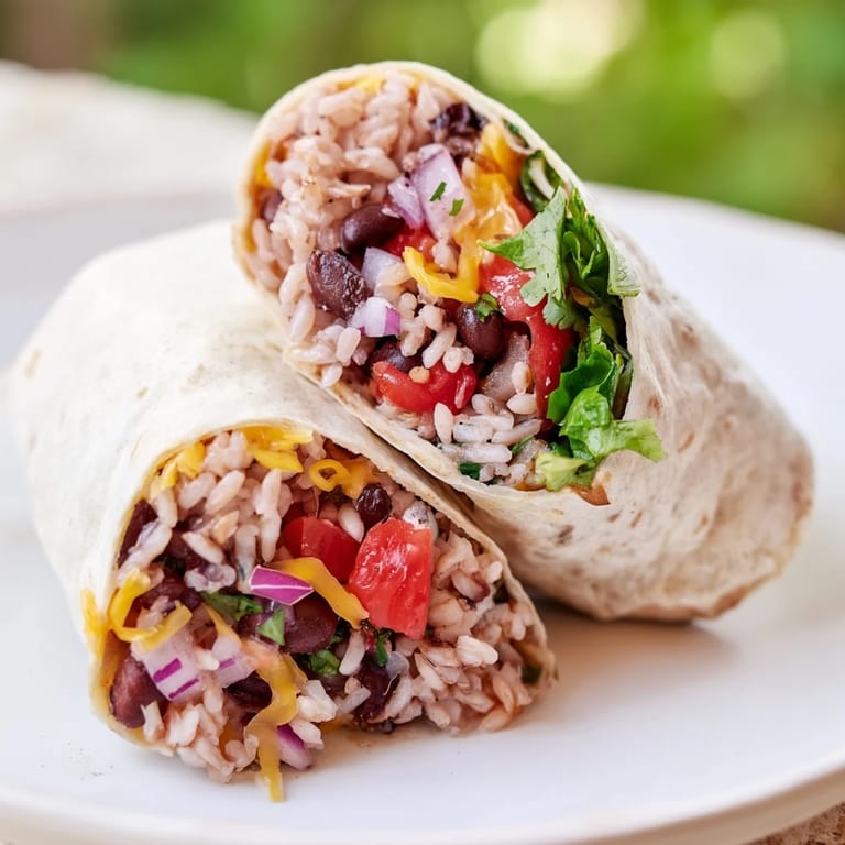 A close-up of a perfectly constructed Rice & Bean Burrito shows layers of filling ready to eat.