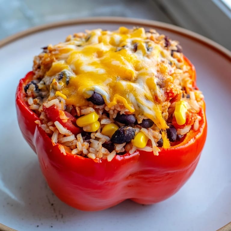 Four baked stuffed bell peppers, a complete meal filled with a tasty meat and veggie mixture.
