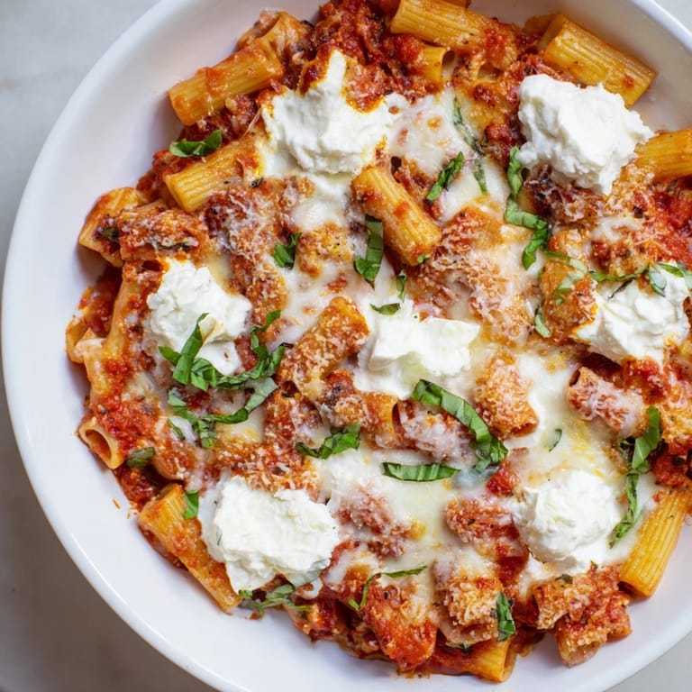 Golden, melted mozzarella tops a vibrant red One-Pan Baked Ziti, fresh from the oven, ready to serve.