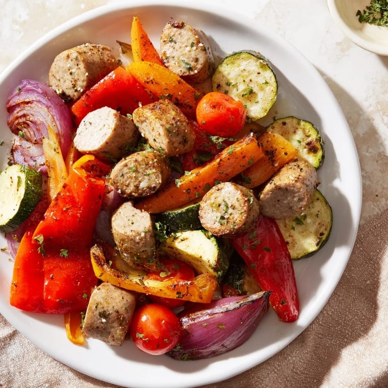 Colorful roasted sheet-pan veggies and sausage, perfectly seasoned and ready to eat, served on a sheet.