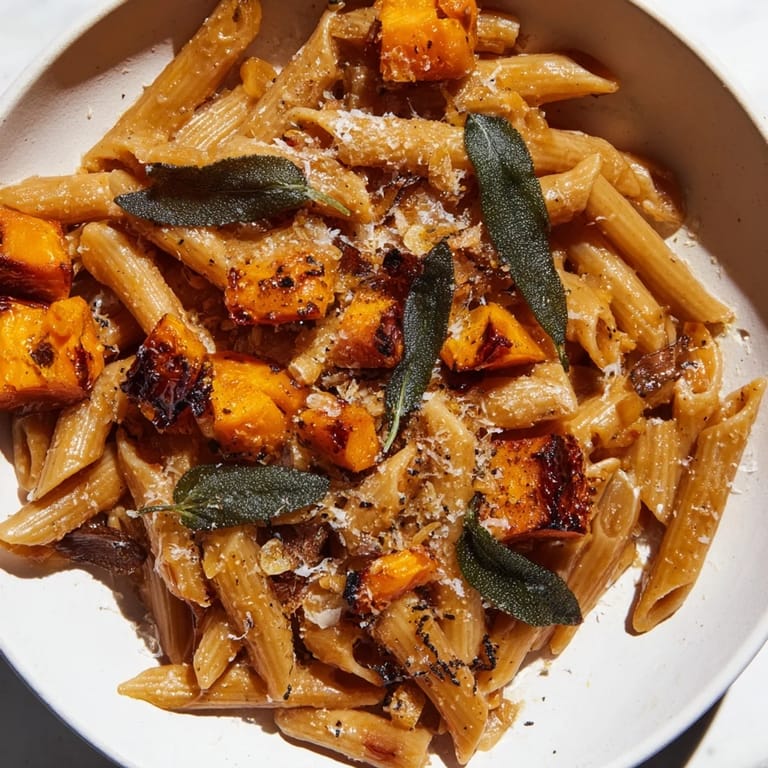 Warm, creamy Brown Butter Pasta featuring tender butternut squash and crispy sage leaves.