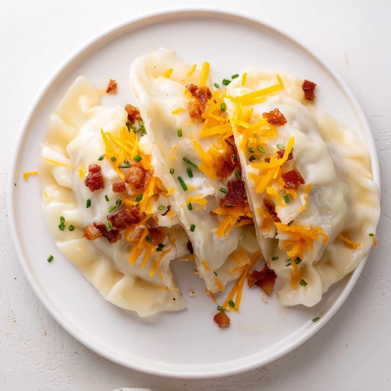 Golden, pan-fried Loaded Baked Potato Soup Dumplings; crispy edges reveal a creamy, savory filling.
