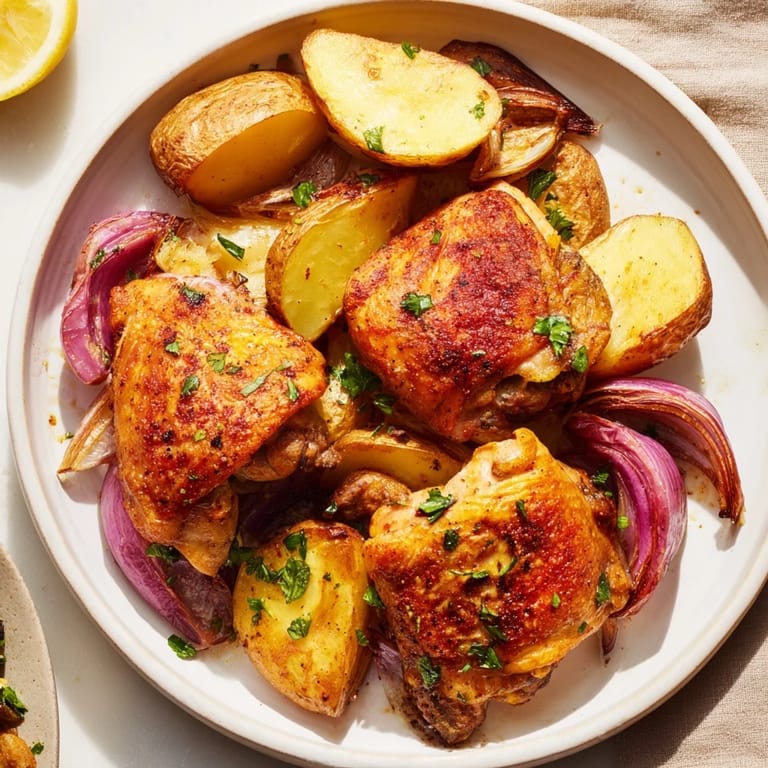 Sheet pan of Greek Lemon Chicken and Potatoes: juicy chicken thighs and tender potatoes glistening with olive oil.