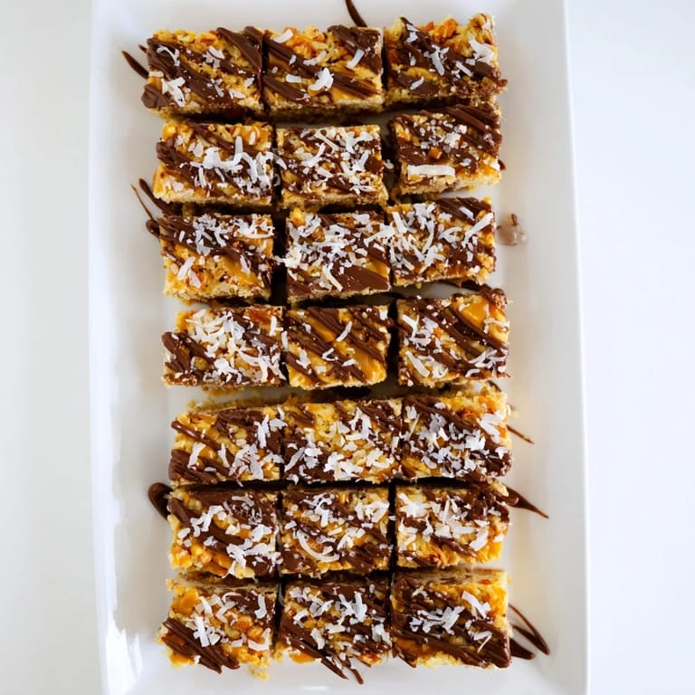 A close-up of delicious 7-Layer Magic Bars, drizzled with caramel and sea salt, ready to enjoy.