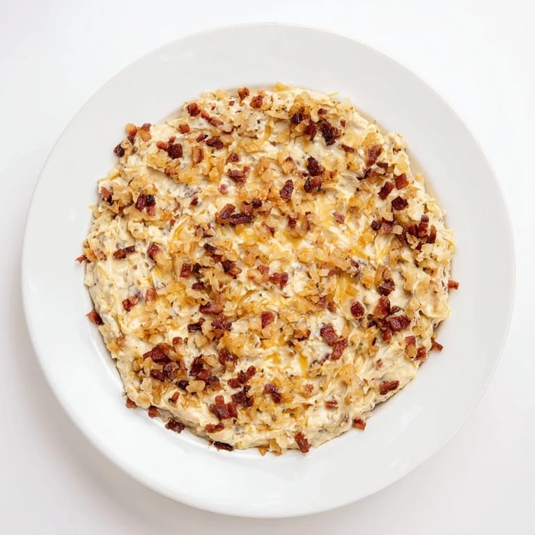 Close-up of creamy Caramelized Onion and Bacon Dip, a savory party food everyone loves.