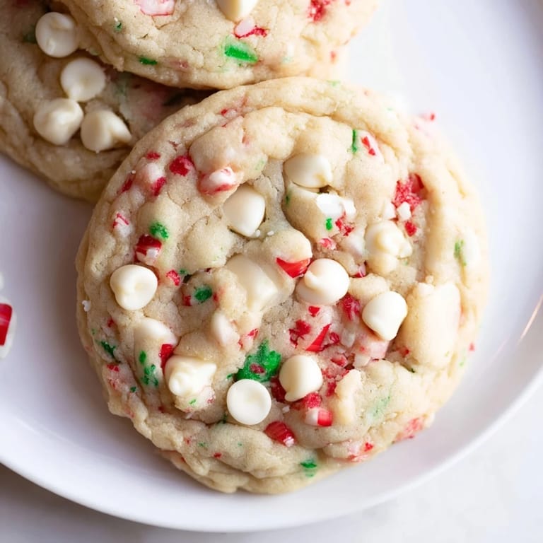Freshly baked White Chocolate Peppermint Bark Cookies, boasting a chewy texture and sweet white chocolate chips.
