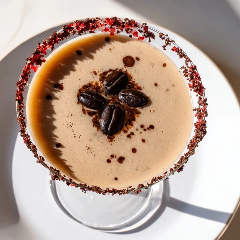 Creamy, chilled Peppermint Espresso Martinis served in sugared glass, a delicious cocktail for parties.