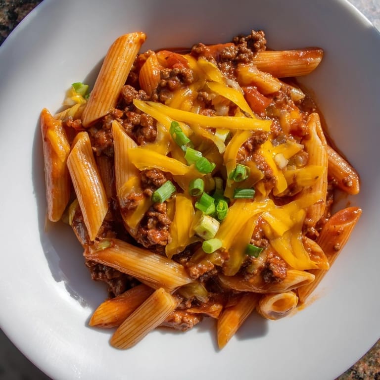 Mouthwatering Easy Beef Enchilada Pasta, served with fresh cilantro and a dollop of sour cream.