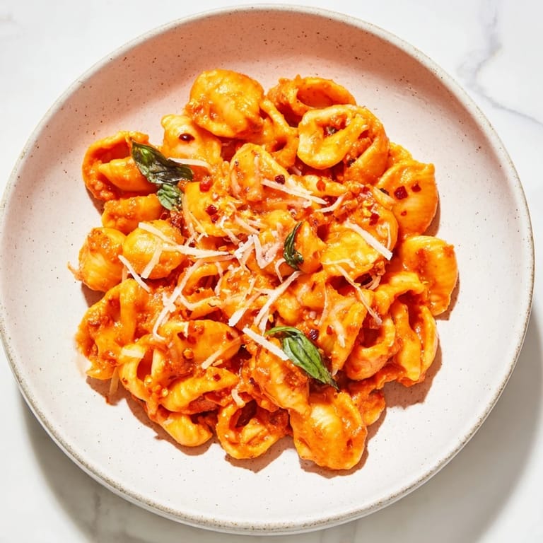 A steaming bowl of Spicy Vodka Sauce Ditalini, a rich, flavorful Italian-American pasta.