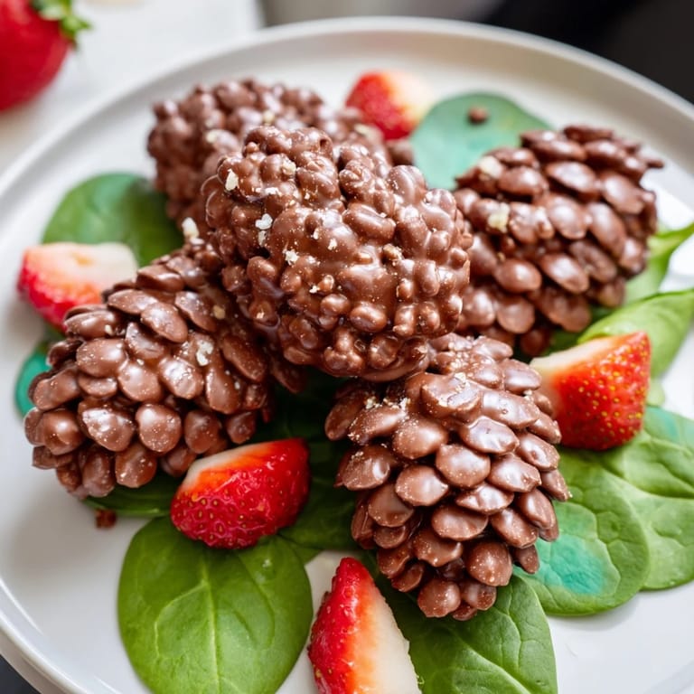 Enjoy the sweet, crunchy texture of these Coco Pop Chocolate Pinecone Dessert Salad treats, dusted with snowy sugar.