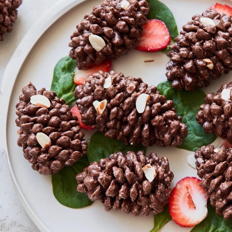 Imagine rich chocolate Coco Pop Pinecone Dessert Salad presented like a playful kids’ salad with fresh strawberries.